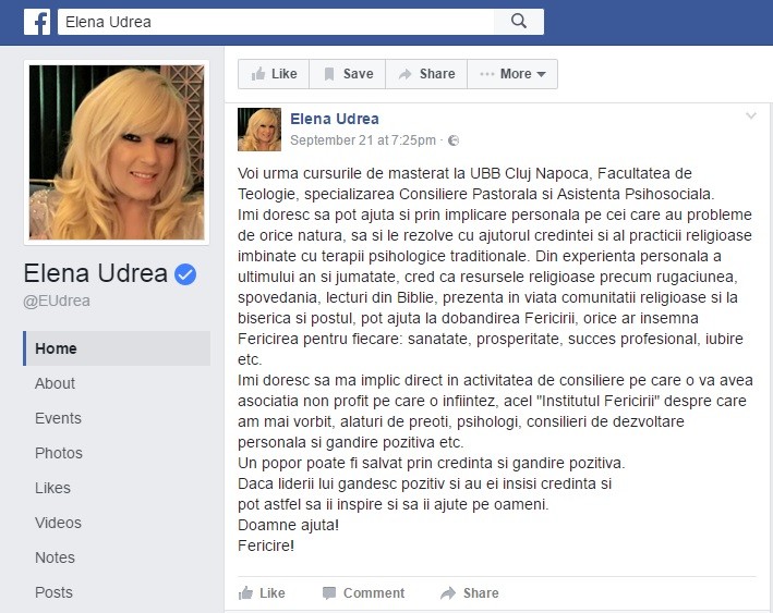 Elena Udrea a anunțat că începe un master la Teologie sursă: Facebook Elena Udrea