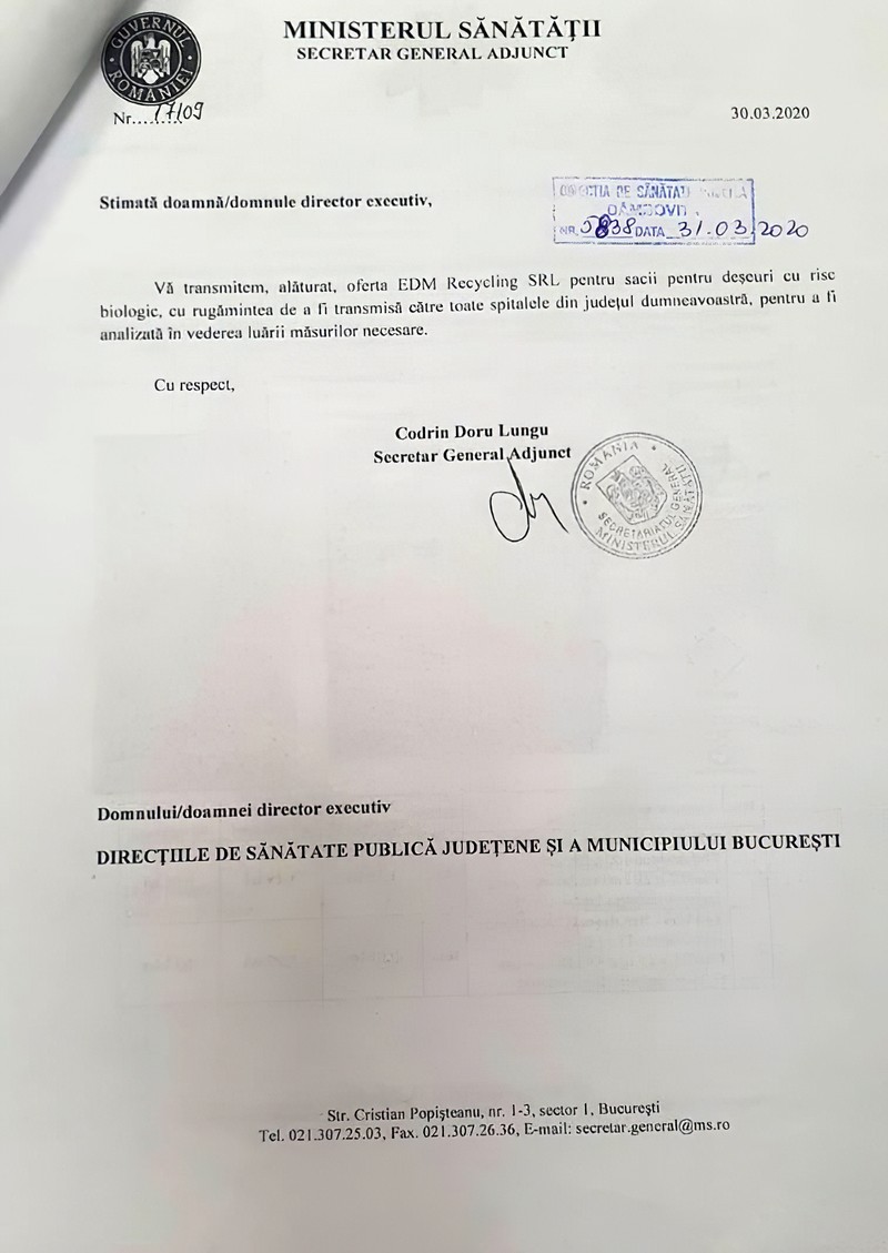 Documentul trimis de Ministerul Sănătății