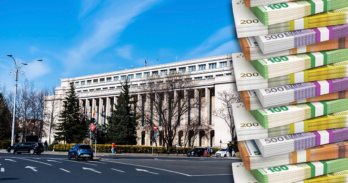 Colaj cu cladirea guvernului Romaniei si teancuri de euro