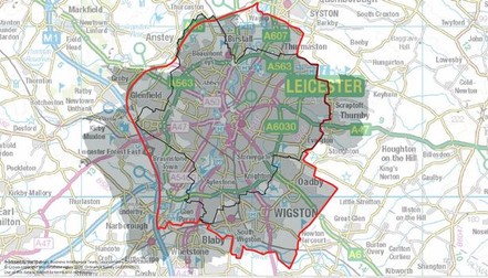 Orașul Leicester și localitățile învecinate afectate de carantină (în interiorul liniei roșii) Sursa: Leicester Mercury