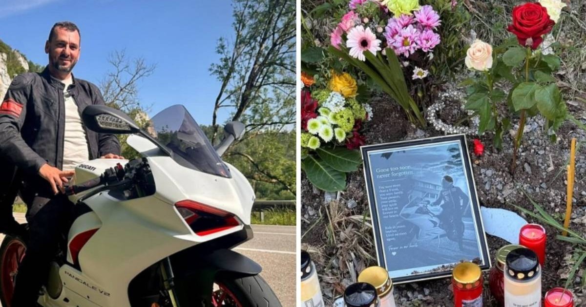 Colaj cu un barbat tanar, in stanga, pe o motocicleta alba, iar in dreapta flori si lumanari . Ciprian a murit pe 25 aprilie 2026 in Germania