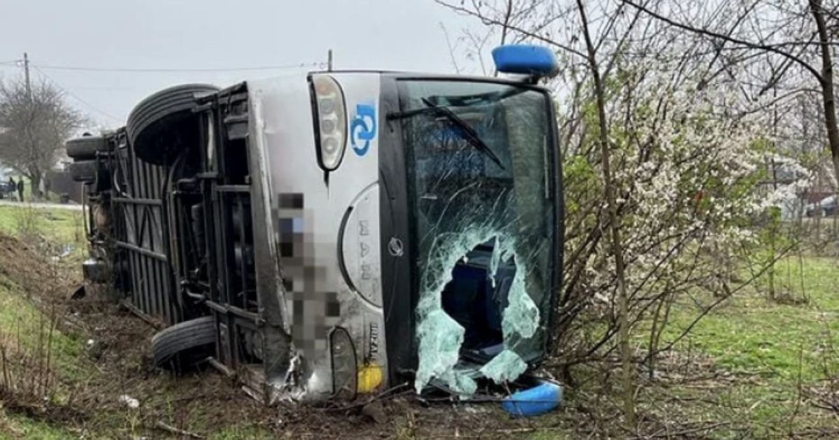 autocar răsturnat în afara carosabilului, oprit lângă un copac, cu parbrizul spart și roțile rupte