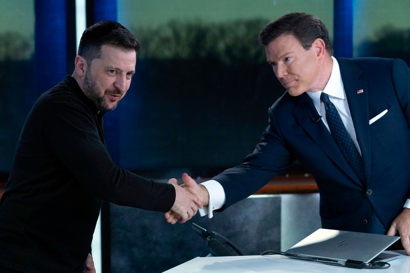 Ukraine's President Volodymyr Zelenskyy shakes hands with Bret Baier after a taping of FOX News Channel's Special Report with Bret Baier in Washington, Friday, Feb. 28, 2025.,Image: 970264247, License: Rights-managed, Restrictions: This content is intended for editorial use only. For other uses, additional clearances may be required., Model Release: no, Pictured: Bret Baier,Volodymyr Zelenskyy