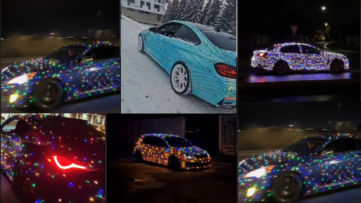 colaj foto mașini decorate cu beculețe de Crăciun