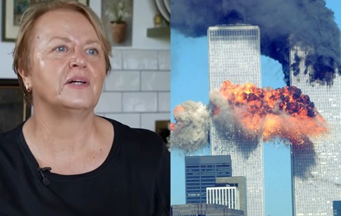 Un colaj cu două fotografii: în prima imagine este o femeie blondă cu părul scurt care poartă o bluză neagră și gesticulează, iar în a doua imagine este momentul exploziei din atentatele de la 11 septembrie