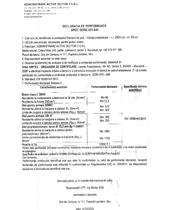 Una dintre declarațiile de performanță pentru grinzi