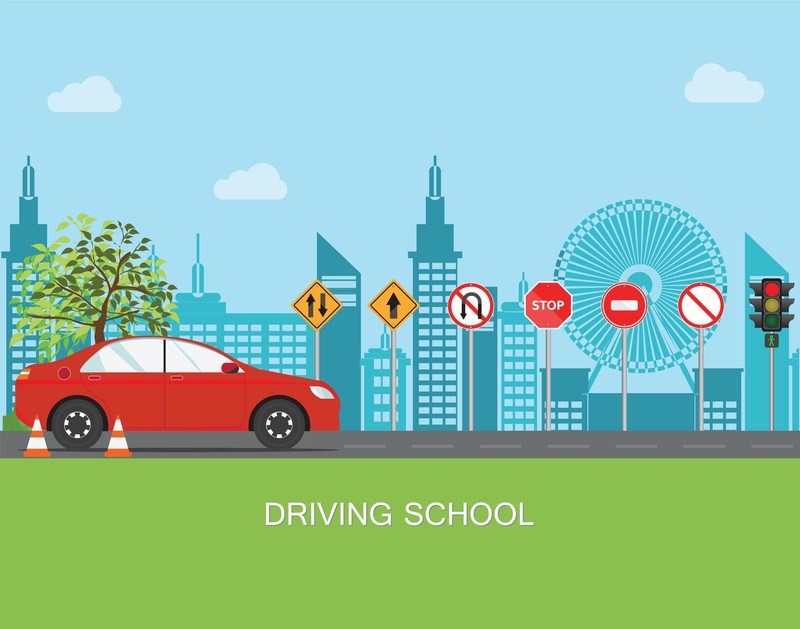 Driving school with car and traffic sign,The rules of the road, Auto Education, Practice vector illustration.