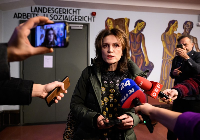 Astrid Wagner, lawyer of Austrian Josef Fritzl, who imprisoned his daughter in a cellar for over 24 years and fathered seven children with her, talks to journalists on the sidelines of his hearing at the regional court in Krems an der Donau, Austria on January 25, 2024. The reginal court in Krems, some 80 kilometres (50 miles) northwest of Vienna, approved the application of Fritzl to be transferred out of the jail he is currently in for the mentally ill who pose a high degree of danger, to a regular prison. Fritzl, now 88, was sentenced to life in prison in 2009 for the murder by neglect of a new-born baby he fathered with his daughter Elisabeth while holding her in the purpose-built basement of his house.,Image: 840355365, License: Rights-managed, Restrictions: , Model Release: no