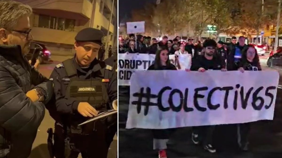 Colaj din două fotografii: imaginea din stânga îl arată pe Marian Rădună, organizatorul marșului de comemorare Colectiv alături de un jandarm care îi citește un proces verbal, iar imaginea din dreapta arată mai mulți tineri în timpul marșului în memoria victimelor incendiului din Colectiv