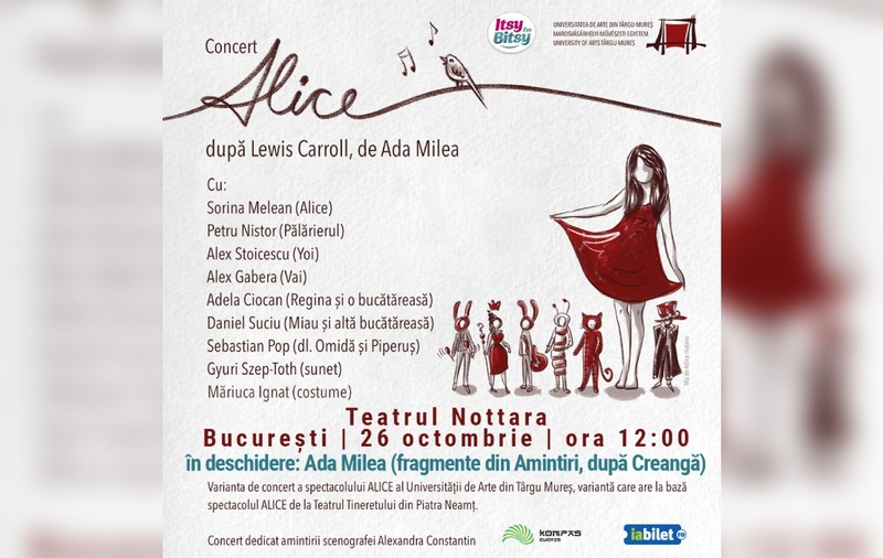 Intră în Țara Minunilor! Concert-teatru „Alice” la Teatrul Nottara, cu Ada Milea în deschidere