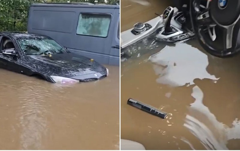 Șoferul unui BMW plin de apă a vrut să pornească mașina, după furtuna din București