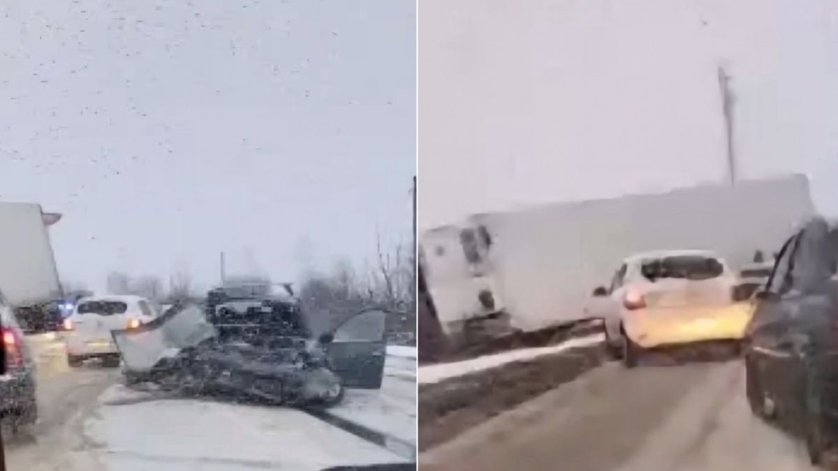Colaj din două fotografii, în stânga un autoturism distrus în partea din față, în dreapta un TIR de culoare albă ajuns în șanț, pe șoseaua plină de zăpadă