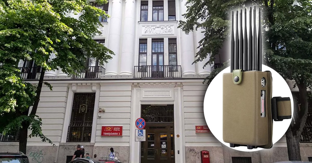 Un colaj cu cladirea unei poste si un aparat de bruiaj