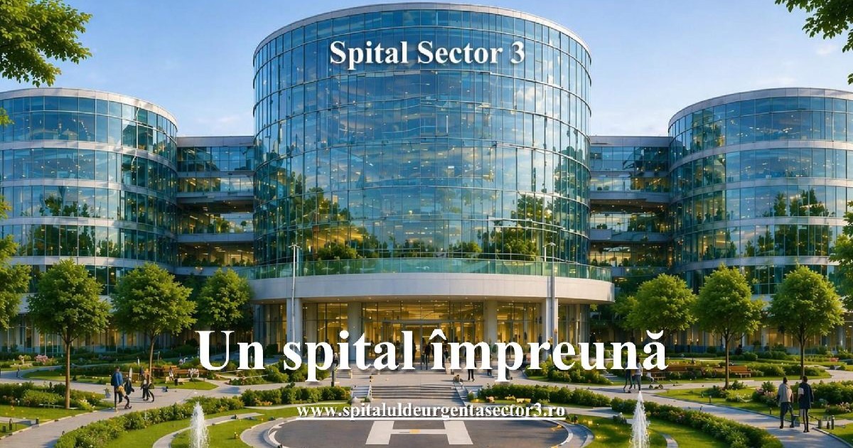 In imagine se vede un parc in fata si in spate o cladire rotunda si doua mai mici lipite. Noul spital de urgenta din sectorul3