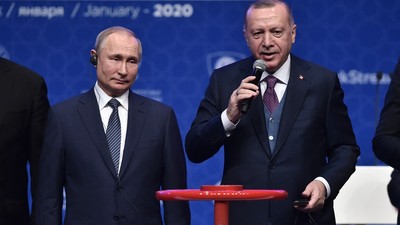 Ianuarie 2020, Istanbul. Vladimir Putin (stânga) și Recep Tayyip Erdogan, la inaugurarea gazoductului TurkStream Foto: Profimedia