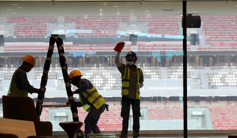 epa08076880 Works continue at the Al Bayt stadium in Al Khor, Qatar, during a media tour 17 December 2019. The Al Bayt stadium is one of the eight venues for the FIFA World Cup 2022 in Qatar. EPA-EFE/ALI HAIDER