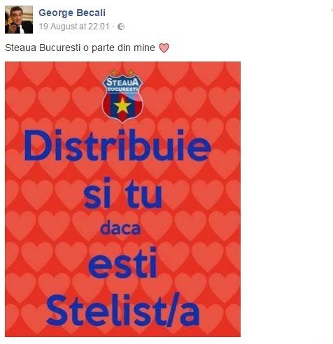 Becali folosește stema veche pe Facebook