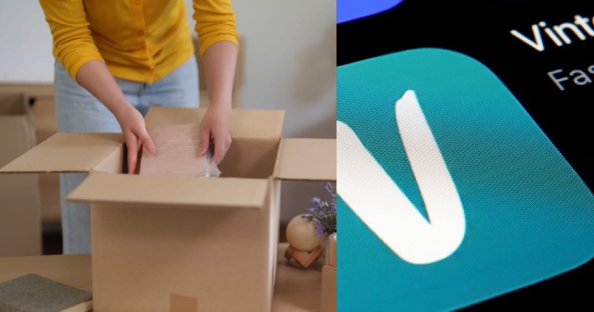 O femei in pulover galben pregătește niște colete/ Sigla aplicației Vinted