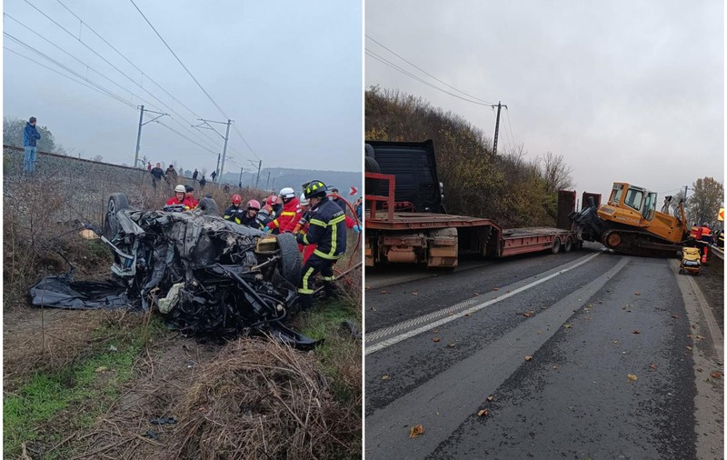 Un buldoexcavator de 25 de tone a căzut peste o mașină în care se aflau două tinere, pe DN7. Una a murit, cealaltă a fost grav rănită | FOTO