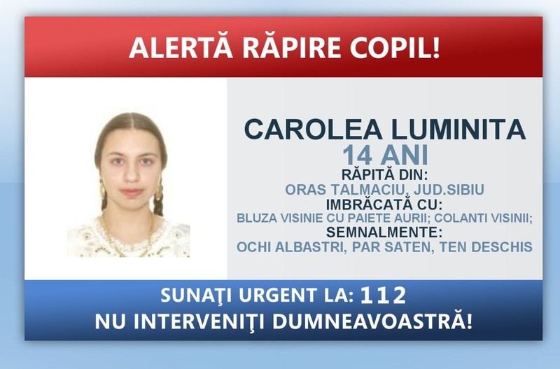 Carolea Luminița, adolescenta de 14 ani din Sibiu răpită. Foto: IGPR
