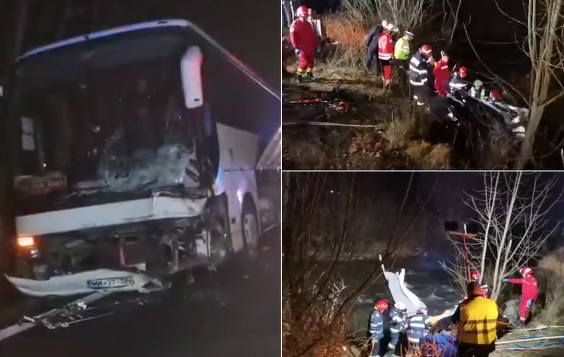 Impact violent între un autocar plin cu pasageri și o mașină, în Bistrița. Trei oameni au murit și o persoană e grav rănită