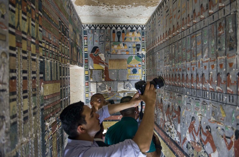 epa07503453 The painted walls at the nobleman tomb of Khewy at Saqqara Necropolis, Egypt, 13 April 2019. The recent discovery is providing unexpected insights into the status of the nobility in the Old Kingdom (2575 BC to 2150 BC). EPA-EFE/Mohamed Hossam