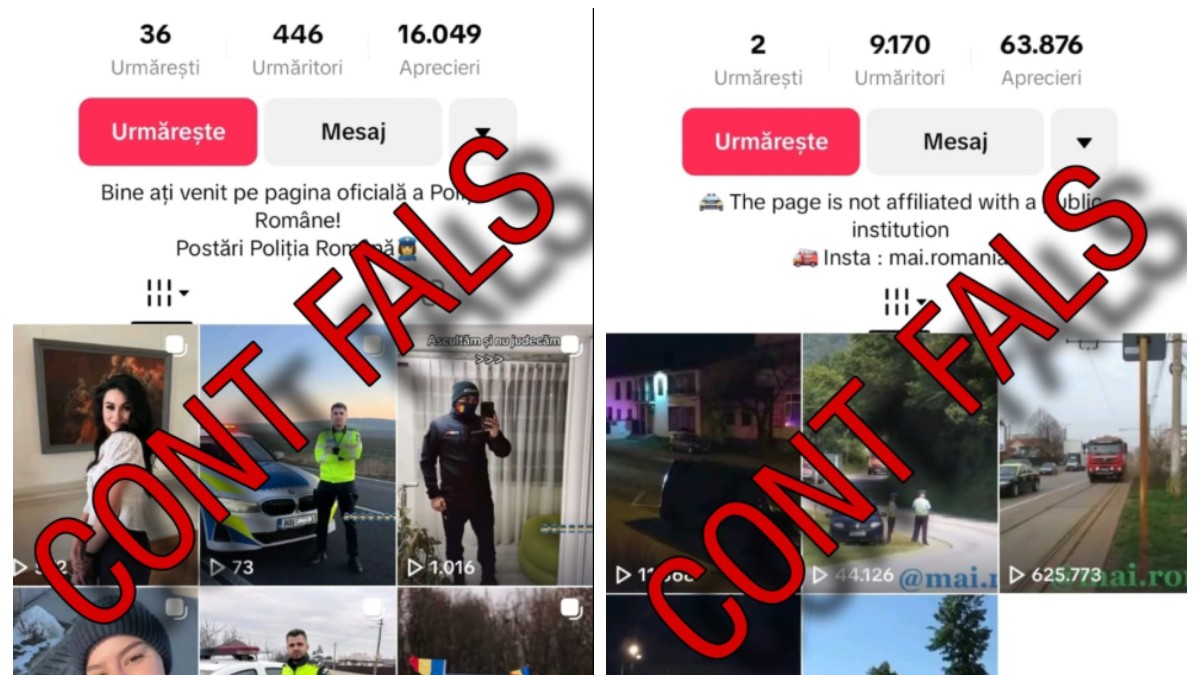 Imaginea arată două capturi de ecran ale unor profiluri de TikTok care pretind a fi afiliate Poliției Române sau Ministerului Afacerilor Interne (MAI). Pe ambele imagini este suprapus, cu litere mari roșii, textul „CONT FALS”, indicând faptul că aceste conturi nu sunt oficiale.