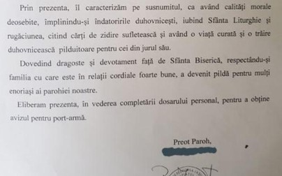 Racomandarea semnată de un preot și cu antetul bisericii pentru un enoriaș care voia să își ia permis de port armă