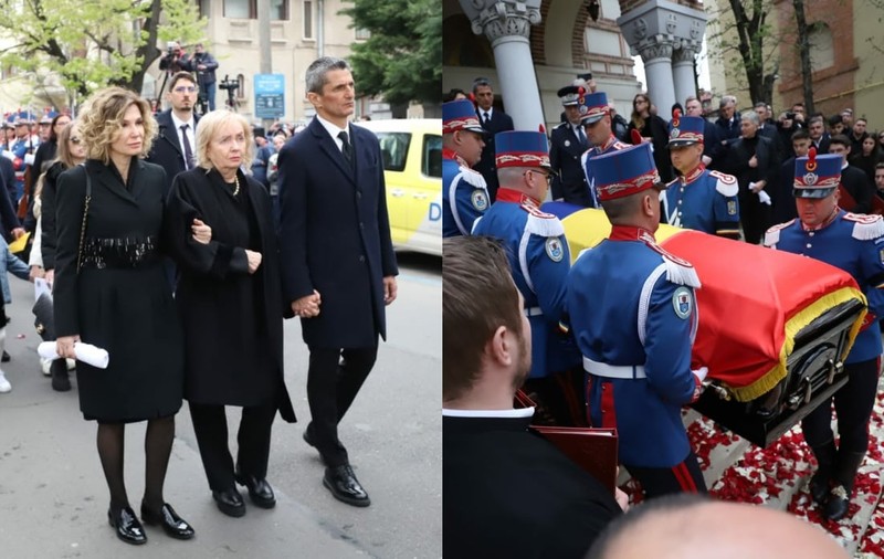Imagini sfâșietoare la înmormântarea lui Mircea Lucescu. Neli Lucescu, ținută strâns de mână de fiu și sprijinită de noră