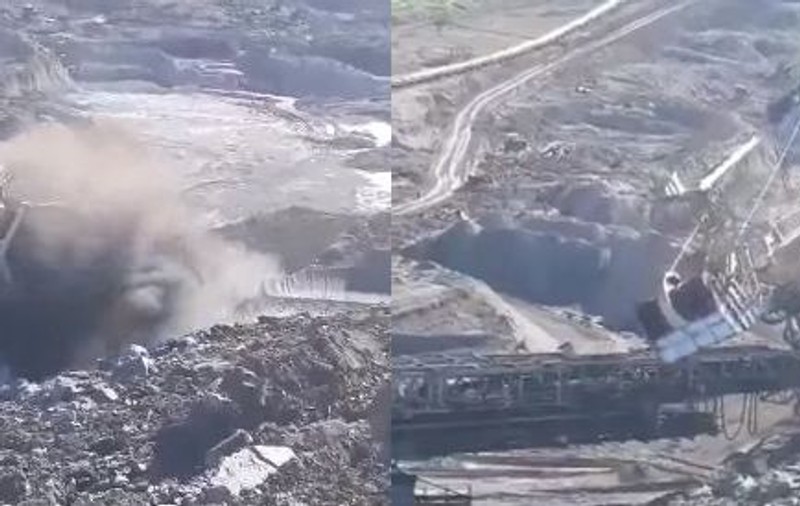 VIDEO | Momentul în care un excavator gigant se prăbușește în cariera de lignit din Vâlcea. Autoritățile fac verificări