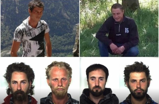 Victimele: Olaru (stânga sus) și Calinciuc (dreapta sus). Criminalii, de la stânga la drepta pe rândul de jos, Piero, Romano și Daniele Bergero, plus Alex Bianciotto