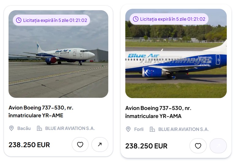 Licitație pentru avioanele Blue Air Foto: Captură ecran Azitis