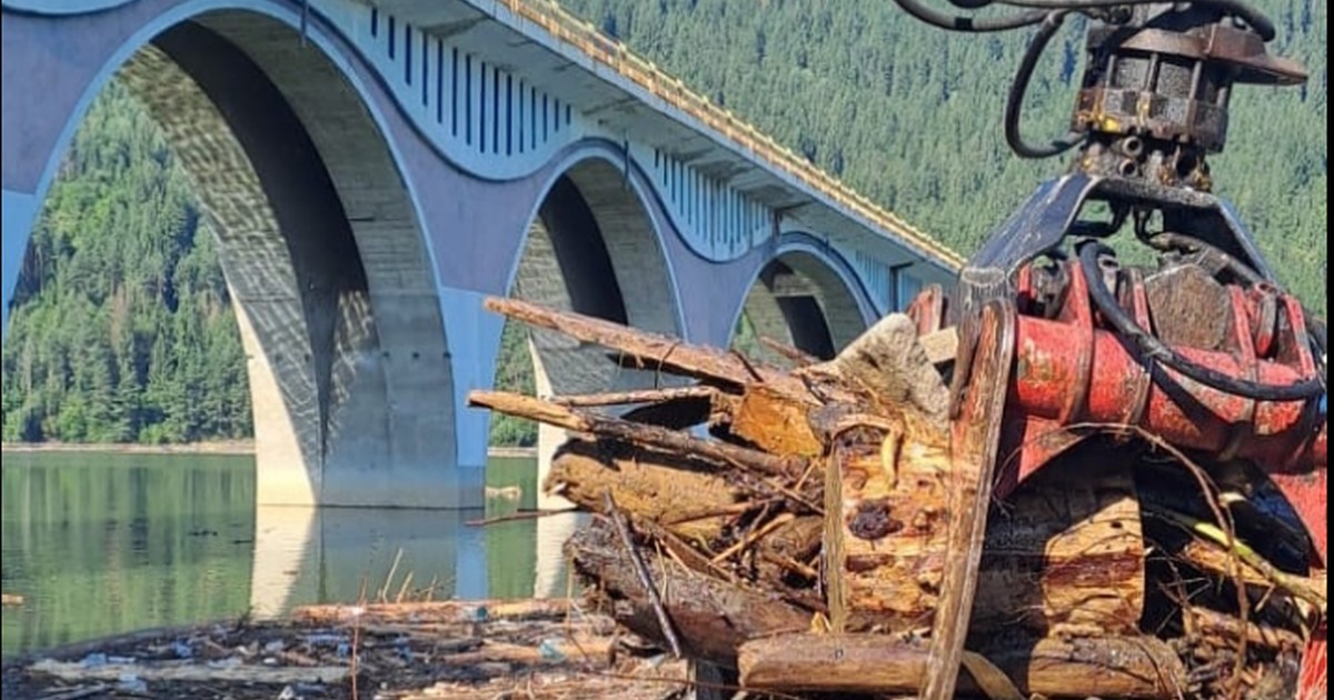 Un excavator scoate deșeurile și lemnele strânse în lacul de acumulare Bicaz-Izvorul Muntelui, august 2025