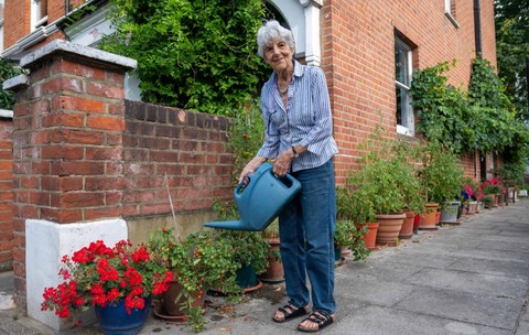O femeie în vârstă care udă mai multe chivece de pe trotuar, unde are plantate roșii și flori
