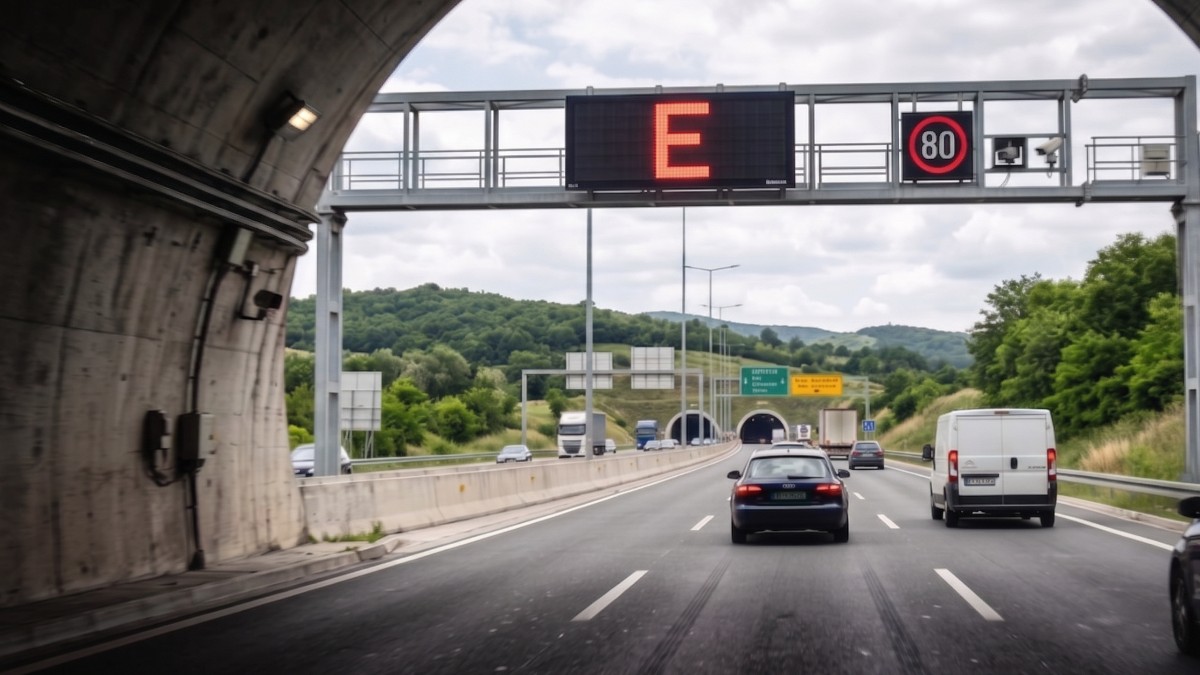 O autostradă pe care este afișat un indicator cu litera E