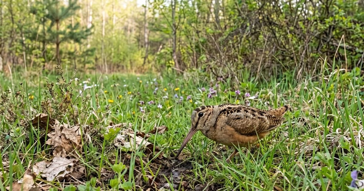 Becațină americană (American Woodcock), într-o pădure, cu ciocul îndreptat spre vegetație