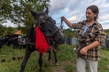 Georgina, sora lui Ionuț, îl duce din grădină în curte pe calul Cezar. Sursa foto: Eli Driu