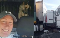 O femeie cu șapca, aflata într-un microbuz de transport câini, un animal se vede printre gratii// Un microbuz alb strivit de două autotrenuri albe