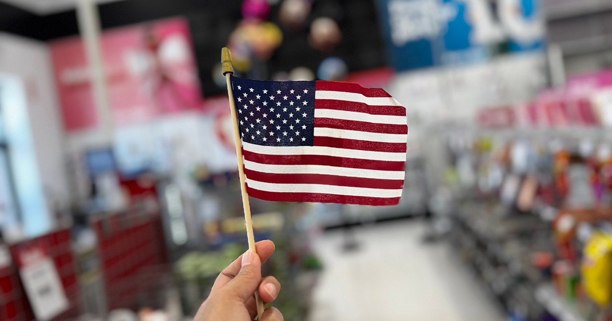 Fotografie în prim-plan a unei mâini care ține un steag american, pe fundal neclar.