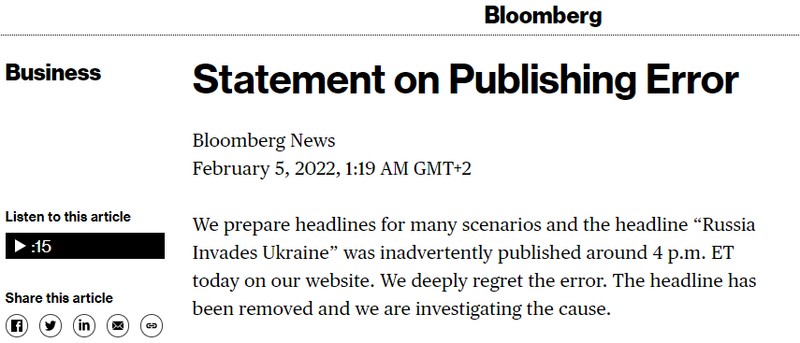 Comunicatul publicat pe site-ul Bloomberg, după știrea privind invadarea Ucrainei de către Rusia
