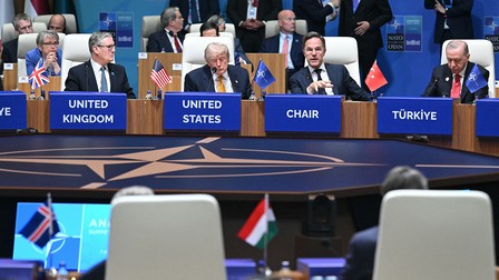 (From L) Britain's Prime Minister Keir Starmer, US President Donald Trump, NATO Secretary General Mark Rutte and Turkey's President Recep Tayyip Erdogan attend the NATO Summit at Bestepe Presidential Compound in Ankara, Turkey, July 8, 2026. The summit comes at a fraught time for the 77-year-old transatlantic alliance, with the US President demanding members make good on a pledge to ramp up defence spending as Washington takes a step back from Europe. (Photo by SAUL LOEB / AFP)