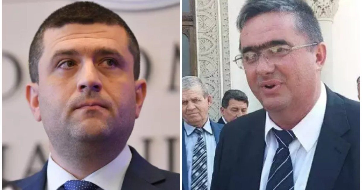 Radu Miruță în costum albastru închis și cămașă albă (stânga) și Salvador Caragea în costum negru și cămașă albă (dreapta)