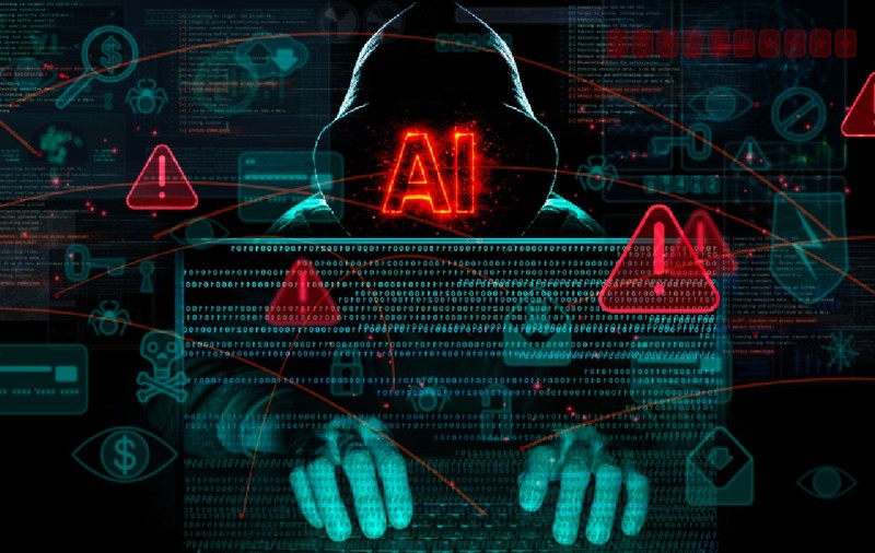 Inteligența artificială folosită pentru atacuri cibernetice, care arată AI ca amenințare cu cod malware, alerte și interfață digitală pe o siluetă de hacker