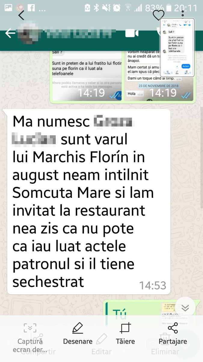 Mesajul pe Whatsapp de la vărul L.G. către Marin Marchiș despre situația lui Florin