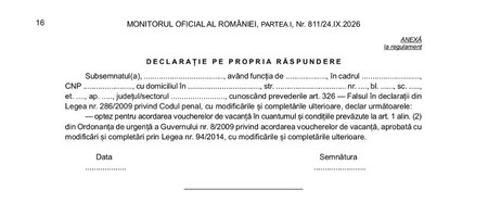 Declarație pe proprie răspundere pentru voucherele de vacanță oferite profesorilor în anul școlar 2026-2027. Sursă foto: Ministerul Educației