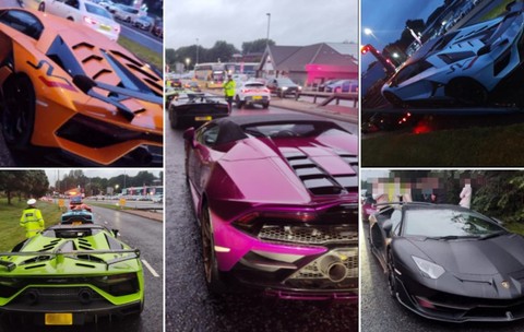 Colaj de cadre ce surprind mai multe autoturisme de lux Lamborghini în culori vii, oprite pe marginea drumului sau încărcate pe o platformă de tractare în prezența poliției.