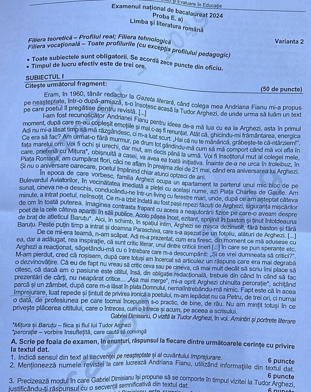 Subiectele la Română la BAC 2024, apărute în presă. Ce a picat la prima probă a examenului de Bacalaureat
