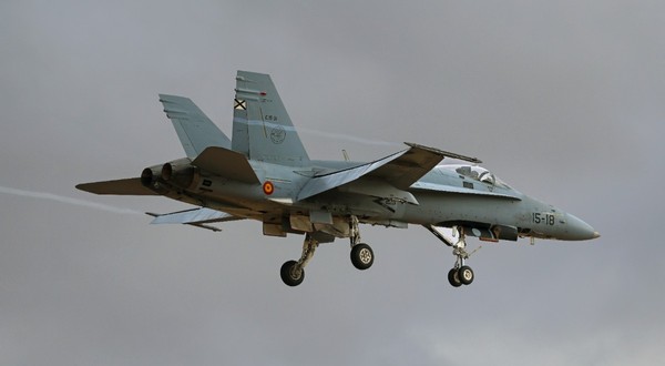 Un avion de vânătoare F/A-18 Hornet aflat în zbor la altitudine joasă, cu trenul de aterizare coborât