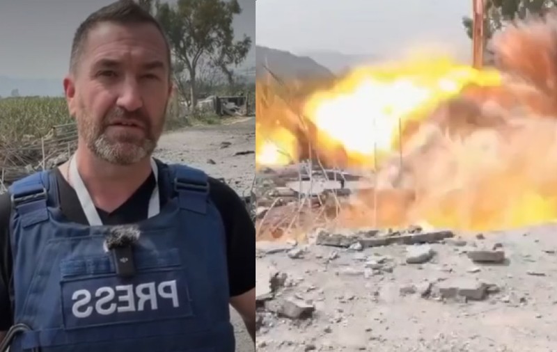 Momentul în care un reporter și un cameraman al unei televiziuni din Rusia au fost surprinși de un atac israelian în sudul Libanului