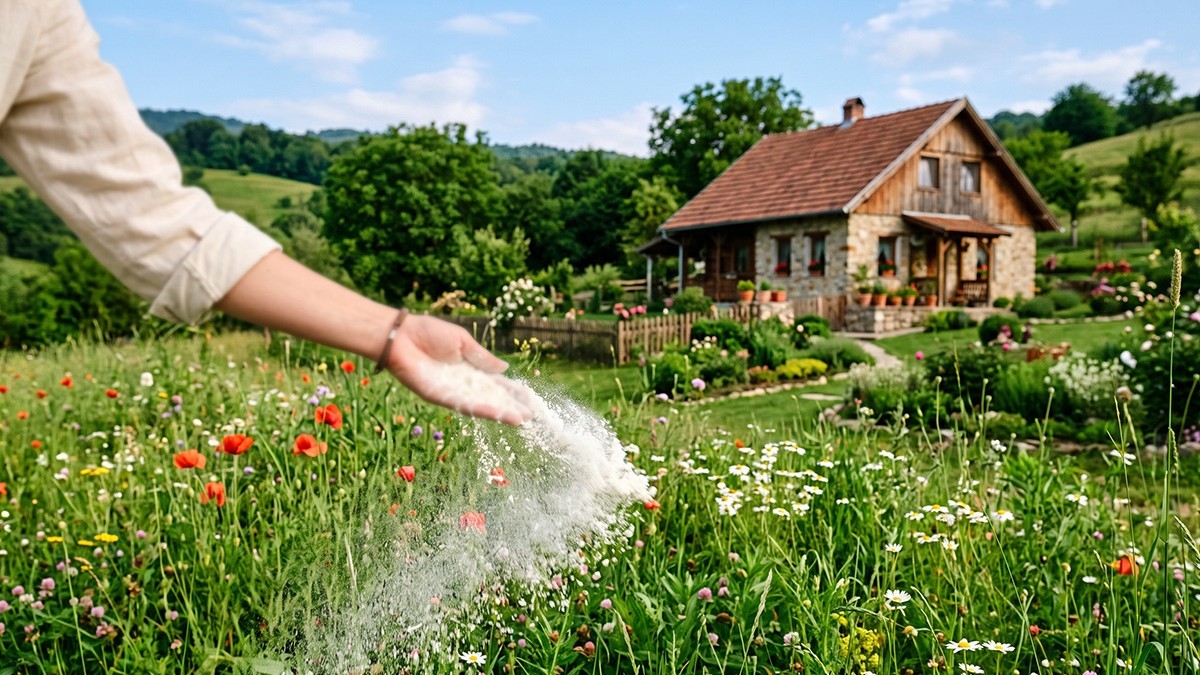 O femeie împrăștie făină prin grădină